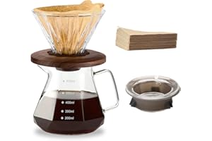 Polydremio Caffettiera Pour Over, caraffa in vetro borosilicato da 600 ml, con 100 filtri di carta misura 02, manico in noce e coperchio in vetro, 600 ml, trasparente