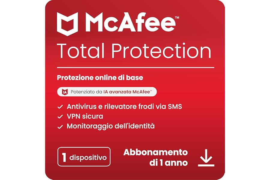 McAfee Total Protection 1 dispositivo 2025 12 mesi VPN sicura, software di sicurezza che include antivirus, gestore delle pas