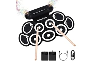 INGPARTNER Schlagzeug Elektronisch, 9 Pads Rolling Electric Drum Pad Kits Machine Mit KopfhöReranschluss, 10 Stunden Spielzeit, 2 Eingebaute Lautsprecher, Pedal Mit Drum Sticks für AnfäNger, Kinder, Schwarz