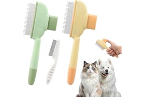 Holtrae 2 Pièces Brosse Chat 1 Peigne Anti Puces pour Enlever les Poils Morts Avec Bouton de Déverrouillage Autonettoyante pour Le Toilettage Des Poils Longs et Courts élimine Les Nœuds (Vert/Jaune)