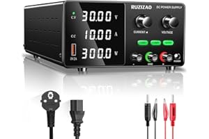 RUZIZAO Alimentatore da Banco 30V 10A 300W Alimentatore da Laboratorio DC Regolabile Stabilizzato, Funzione OCP, Funzione OVP, Interruttore di Uscita, Manopola Encoder, Porta USB 5V/2A