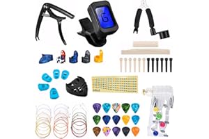 Olycism Guitar Accessories Kit - 63 PCS Beginner Tools Including Strings, Bridge Pins, Scale, Fretboard Sticker, Picks, Bridge Saddle and Nut, Tuner, Capo, 3 in 1 String Winder, Finger Picks