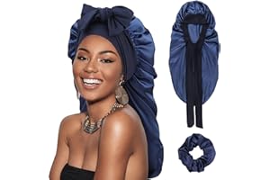 DRESHOW Gorro Saten Pelo Rizado Ajustable para Mujere Bonnet Seda para Dormir Gorro Seda Largo para Sueño con Banda Elástica para Mujeres
