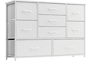 LYNCOHOME White Chest of Drawers for Bedroom, 9 Drawer Fabric Dresser Storage Organizer, Wide Dresser TV Stand for Bedroom, Living Room, Entryway, Nursery