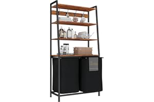 Furnulem 4 Tiers Laundry Hamper with Shelf and Hooks, Tall Laundry Basket Sorter with 2 Removable Laundry Bags, Ladder Shelves with Clothes Hamper for Laundry Room Bathroom Bedroom