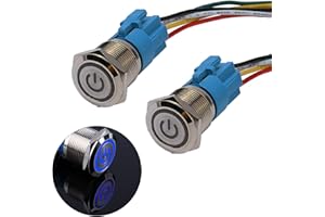 JIQI 2× 19mm Selbstsperrend Metall Druckschalter 12V bis 24V 3A Latching EIN/AUS Schalter mit blauem LED Symbol IP66 1NO1NC Rastende wasserdichte vorverdrahte Drucktastenschalter für Boot LKW RV Auto