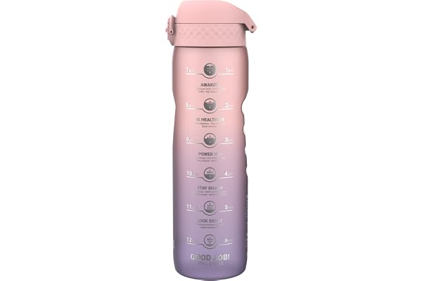 Ion8 Gourde 1 Litre avec Marqueur Heure pour Boire, Anti-Fuite, Facile à Ouvrir, Verrouillage Sécurisé,Lavable en Lave-vaisselle,Sans BPA, Idéale pour la Gym, Motivator Violet Clair Et Quartz Rose