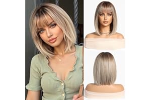 Esmee Parrucche Bob Corte Lisce Biondo Con Frangia Parrucca alla Lunghezza delle Spalle Sintetiche Ombre per Cosplay Uso Quotidiano & Party