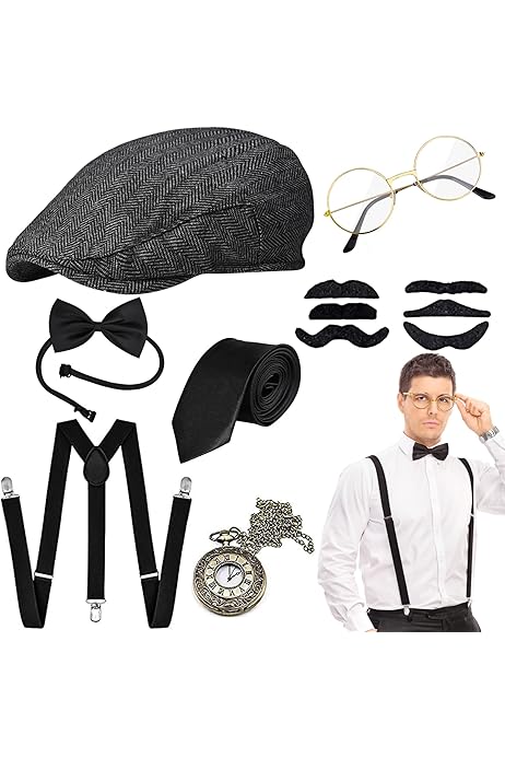 WILDPARTY jaren 20-kostuum heren vest met accessoires, bretels, kruis, zakhorloge, baard, baret, bril, stropdasspeld voor maffia-kostuum 1920S gangster Peaky Blinders carnaval Halloween mottofeestje