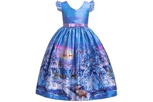 IMEKIS Filles Robe De Noël Père Noël Bonhomme De Neige Renne Imprimés De Noël Robe De Noël Père Noël Cadeau d'anniversaire Robe De Fête Princesse Robes Longues Swing