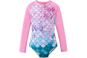 OFIMAN Girls Swimming Costume One Piece Swimsuits Kids Swimwear Long Sleeve Bathing Suit Rash Guard Beach Wear (Mermaid
