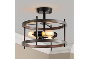 SM SAINT MOSSI Saint Mossi Vintage Flush Mount Ceiling Light Fixture, 3-Light Farmhouse Ceiling Chandelier, Perfect for Living Space, Matte Black & Wood Texture Metal Frame