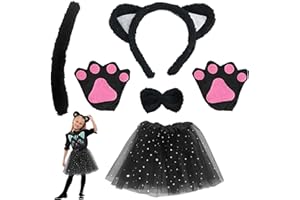 TSHAOUN Zestaw kostiumowy kot, sukienka zwierzęca, cosplay, kocie uszy, opaska na czoło, kocie, uszy, kołnierz, łapy, rękawiczki, czarna tutu, na Halloween, karnawał, karnawał