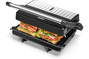 Aigostar Gril, Appareil a Panini 2-en-1 Avec Double Plaque ECO Antiadhésive.1000W, Toaster Panini, Ouverture à 180º Deux Surfaces de Cuisson de 23 x 14,5 cm.York pro