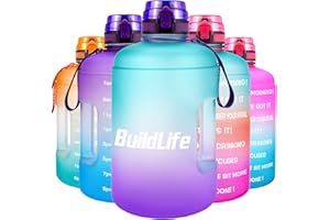 BuildLife Water Bottle with Time Markings - 2.2 Litre BPA Free Drinking Bottle Leak Proof Flip Cap Large Capacity Sports Water Jug for Camping Fitness Goals Outdoor(Green Purple,2.2 Litre)