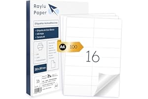 Raylu Paper - Étiquettes Autocollantes Blanches à Imprimer, Étiquettes Auto-Adhésives à Personnaliser, sur Feuilles A4 pour Imprimantes et Photocopieuses, 16 Étiquettes par Feuille (105 x 35 mm)