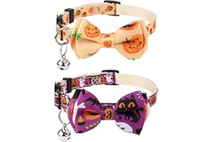 PEUTIER 2pcs Halloween Cat Collar Breakaway, Adjustable Cat Collar with Bell Pumpkin Ghost Halloween Cat Collar Bow Tie Kitten Decoration Accessories (Purple, Gold)