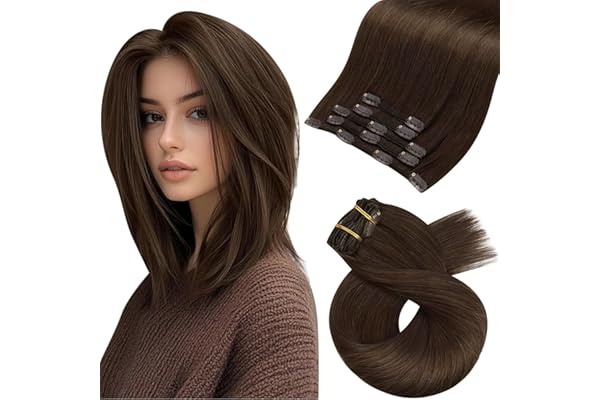 Moresoo Extensiones de Clip Pelo Liso Extensiones Clip Cortas Cabello Humano Extensiones Pelo Natural Castaño Oscuro 25 cm 5pcs 70G #4
