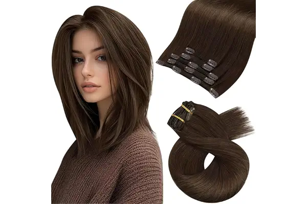 Moresoo Extensiones de Clip Pelo Liso Extensiones Clip Cortas Cabello Humano Extensiones Pelo Natural Castaño Oscuro 25 cm 5pcs 70G #4