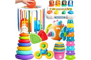Caiery 6-i-1 babyleksak för 6-12-18 månader Montessori leksak, sensorisk babyleksak, stapelleksak, block, formsorterare, kast leksak