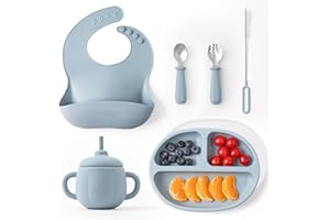 Mineto, Coffret Repas Bebe Design, 6 Pièces : Assiette Bebe Ventouse Antidérapante, Bavoir Silicone Bebe Souple, Set Vaisselle Bebe DME, Sans BPA pour Sécurité & Confort