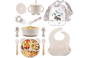 Feelhap Silikon Baby Geschirr Set,13er Set Kindergeschirr mit Saugnapf,Unterteilter Kinderteller mit Saugnapf,Kinder Schüssel Saugnapf,Silikon Baby Lätzchen,Trinklernbecher, Baby Löffel Gabeln(Beige)