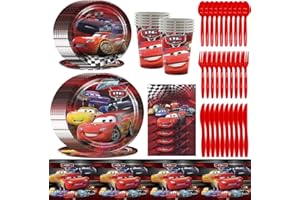 IQEPXTGO Cars Stoviglie Feste, Kit Festa Compleanno con Cars, Bambini Stoviglie Party Kit Tovaglia Copertina Buon Compleanno Party Supplies, Serve 10 Ospiti, 81pcs