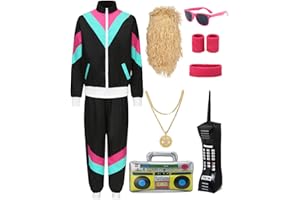 Velmawig 80er 90er Jahre Outfit Herren Damen Kostüm Jogginganzug Trainingsanzug Jacke und Hose Retro Anzug mit Accessoires Radio Sonnenbrille Halskette Schweißband für Karneval Fasching Mottoparty