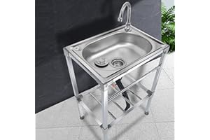 LLPEIJIE026 Évier Cuisine Inox Lavabo Cuisine Avec Robinet,Extérieur Évier De Jardin Lavabo Restaurant Cuve Simple,Éviers Commerciaux Autoportant,Pour Buanderie,Camping,Entrepôt (53x38x83cm/21x15x33in)