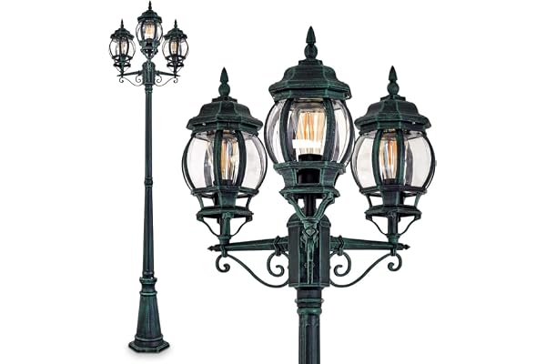 Lampe d'extérieur Kobe, candélabre au look antique, fonte d'aluminium en noir/vert avec disques en plastique, lampe d'allée à 3 branches 215 cm, lampe de jardin rétro/vintage, E27, IP44, sans ampoules