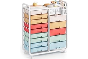 SYKIARIOL 14-Drawer-Storage-Craft-Organizer-Trolley-Cart with DIY Pegboard & Hanging Basket & 4 Hooks for Office, Home, School Classroom, Art Supplies, Mobile Craft Organizer Drawer Cart,Multicolor