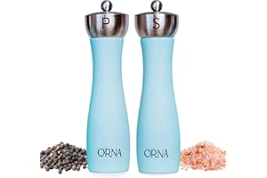 ORNA THE SOUL OF YOUR HOME ORNA Salt and Pepper Grinder Set Wooden Pack of 2 – Refillable Adjustable Coarseness Manual Spice Mill Set in Gift Box – 8.5 in / 21.5 cm – Turquoise