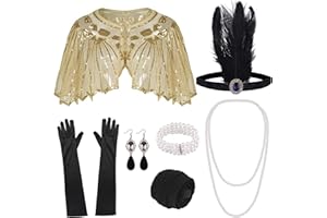 ELECLAND 10-częściowy zestaw akcesoriów z lat 20. XX wieku, motyw z lat 20., z opaską na głowę, długie, czarne rękawiczki, naszyjnik, kolczyki dla kobiet, 10 sztuk
