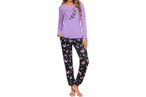 Leversic Pijama de Invierno para Mujer Conjunto de Algodón Pijamas con Manga Larga y Pantalón Largo Ropa de Dormir con Estampado de Mariposas S-XXL