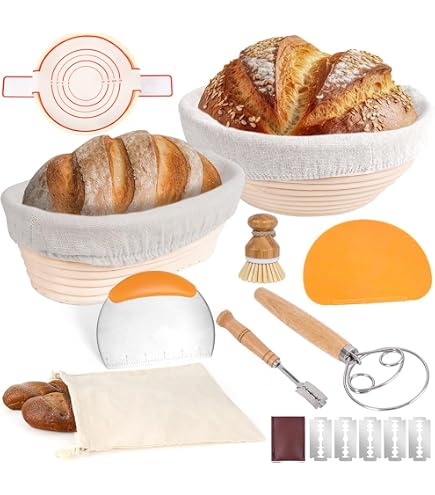 Kit Pain Au Levain Complet - 2 Bannetons Rotin 22,9 Cm, Grattoirs, Lame, Guide - Pour Boulangers Amateurs