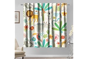 Kzzfqxb Rideaux pour Enfants 140x229cm 2 Panneaux, Animaux de la forêt Tropicale Arbres Fleurs Oiseaux Herbes Cactus Dessins animés Drapés, pour Enfants garçons Filles Chambre bébé crèche
