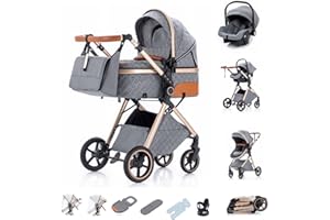Kakbgee Passeggino 3 in 1 con Seggiolino Auto, Carrozzina Piegevole, 7-Altezza Regolabile, Sospensione 4 Ruote, Copripioggia e Zanzariera, Baby Stroller per Neonati 0-3 Anni (15kg), Grigio chiaro