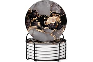 GRISHA Coasters Set of 6 - Homeware Marble desigh Coasters Ceramic - Coasters with Holder and Cork Base,Home accessories,Coaster(Drinks) cup and Table decor,10cm 4inch. (Marble Grey/Black)