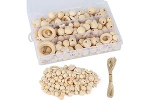 FINEASY 165 PCS Natural Wooden Beads Set, Round Wooden Beads with Box, Macrame Kits for Beginners, Wood Beads Wood Rings for DIY Craft Making Macrame Jewelry