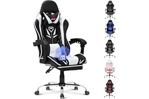 COLAMY Gaming Chair, Computer Chair with Footrest and Lumbar Support, Height Adjustable Gaming Chair with 360°-Swivel Seat and Headrest, White