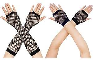 AFFEGIFTS Guantes de Rejilla Largos y Cortos Para Niña 2 Pares, Con Brillantes Diamantes de Agua - Accesorios de Ropa Para Vestidos de Lujo de Fiesta de Los Años 80