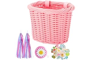 POMUROM Koszyk rowerowy dla dzieci, 35,5 cm, 16 cali, kosz rowerowy dziecięcy, pleciony, z regulowanymi skórzanymi paskami, z/bez dzwonka rowerowego, serpentyny, zdejmowany, akcesoria rowerowe dla chłopców i dziewczynek