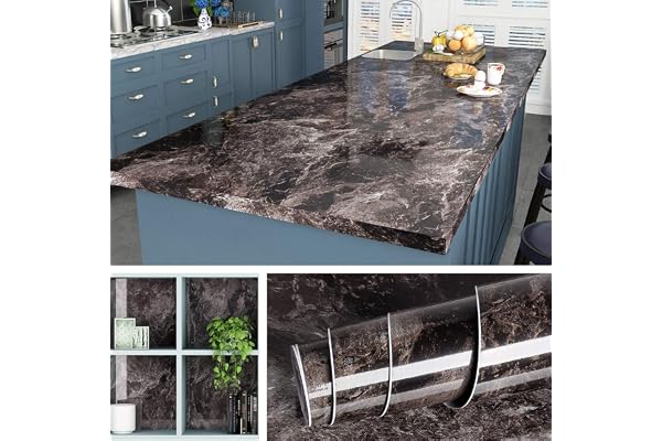 Livelynine Papier Adhésif pour Meuble Effet Marbre Noir Clair de 60CM*5M Papier Peint Adhésif Décoratif Amovible Étanche Stickers Meubles pour Comptoir de Cuisine Plan de Travail Table à Manger