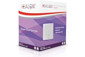 Healqu| Tampons en gaze tissée, 4 x 4 éponges chirurgicales stériles ultra absorbantes à 8 épaisseurs pour le pansement, le débridement, la préparation - Boîte de 100 éponges médicales en gaze,
