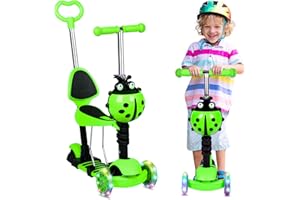 GURYON 5 in 1 Kids Scooter, 3 Wheels Kick Scooter with LED Flashing Light, Adjustable Removable Handlebar & Seat & Push Handle for 2-8 Years Old Boys and Girls