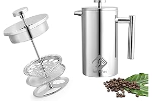 Has & Fas Cafetiere Stainless Steel 304 for 6-8 Cups, French Press Coffee Maker 1000ml/34Oz, Coffee Press Caffettiere Double Walled Insulated 3 Level Filtration System Cafeteria