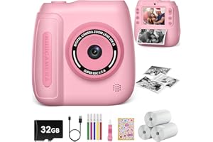 Hangrui Sofortbildkamera Kinder, 2,4 Zoll Kinderkamera Sofortbildkamera mit 32G Karte & Druckpapier, 1080P Kamera Kinder Sofortdruck, Kinderspielzeug Geschenk für 3-12 Jungen und Mädchen-Rosa