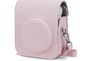 RISOU PU Leather Camera Case Compatible with Instax Mini 12 Instant Camera with Adjustable Strap and Pocket (Pink)
