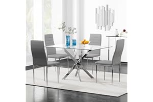 GOLDFAN Tempered Glass Dining Table and Chairs Set 4 Modern Chrome Kitchen Table and High Back PU Leather Chairs 5 Pieces Dining Table Chair Set,Grey/120CM