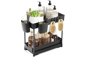 HUANMIN Unter Waschbecken Regal 2 Etagen, Herausziehbarer Spülschrankregal, Aufbewahrung Unter der Spüle mit 4 Haken&2 Tasse für Badezimmer-Küchen-Arbeitsplatte Regal Organizer